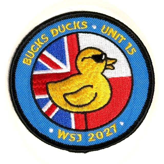 Embroidered Bucks Ducks badge — yellow duck over Union Jack and Polish flags, WSJ 2027