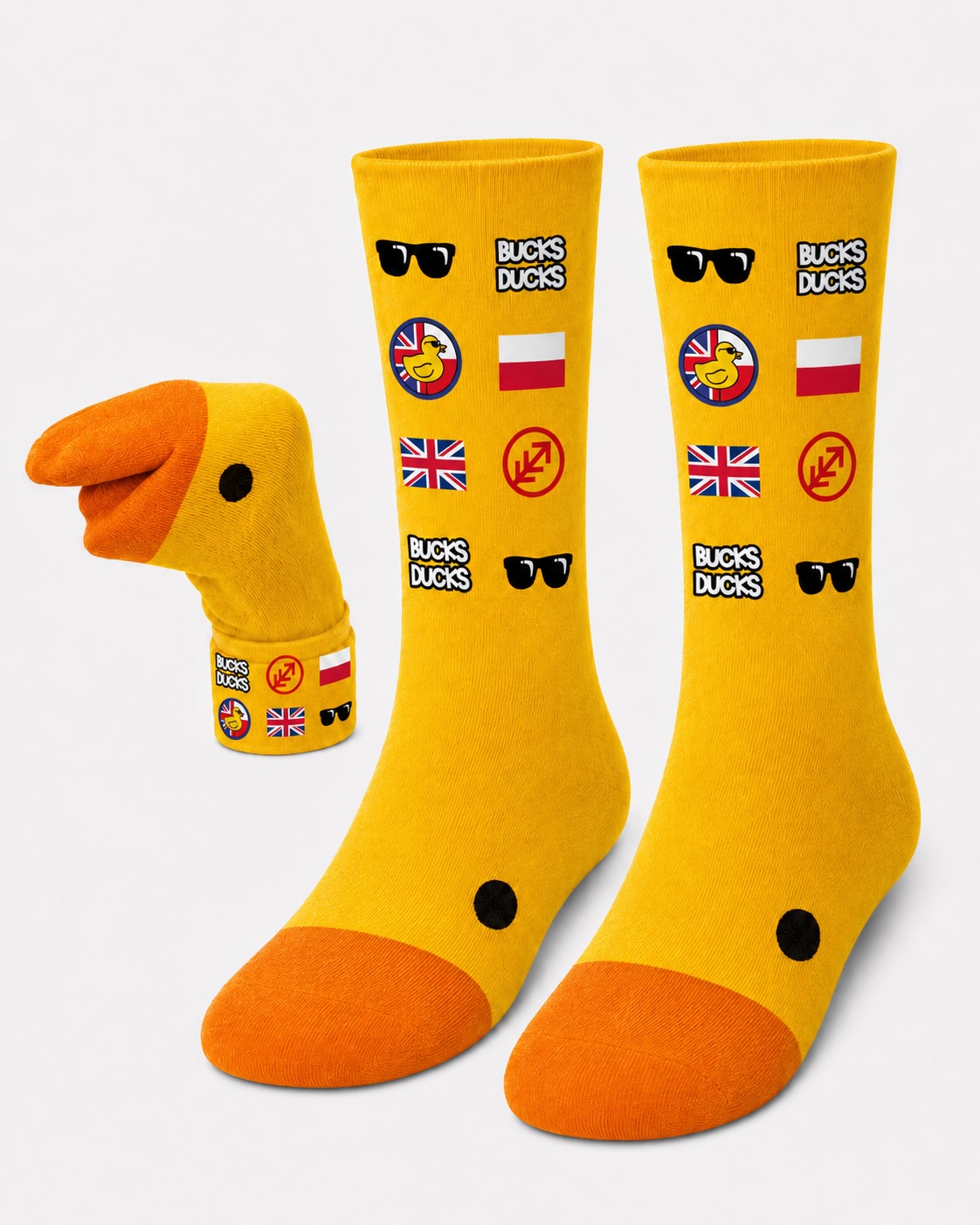 Bucks Ducks socks — bright yellow with duck print